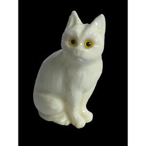 Vintage White Alabaster Cat Figurine With Yellow Eyes Made In Japan